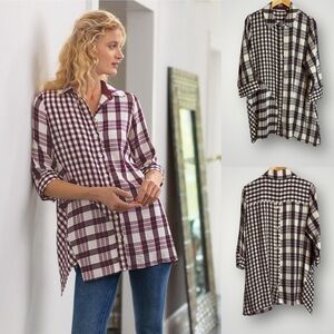 Soft Surroundings Huntleigh Plaid Tunic Size Large Twill Button Front Back EUC